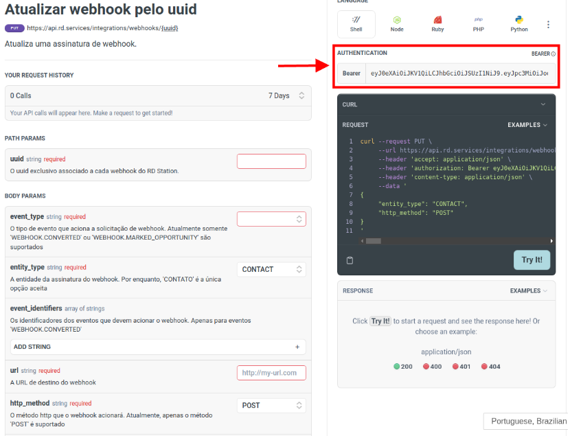 Página PUT Webhook