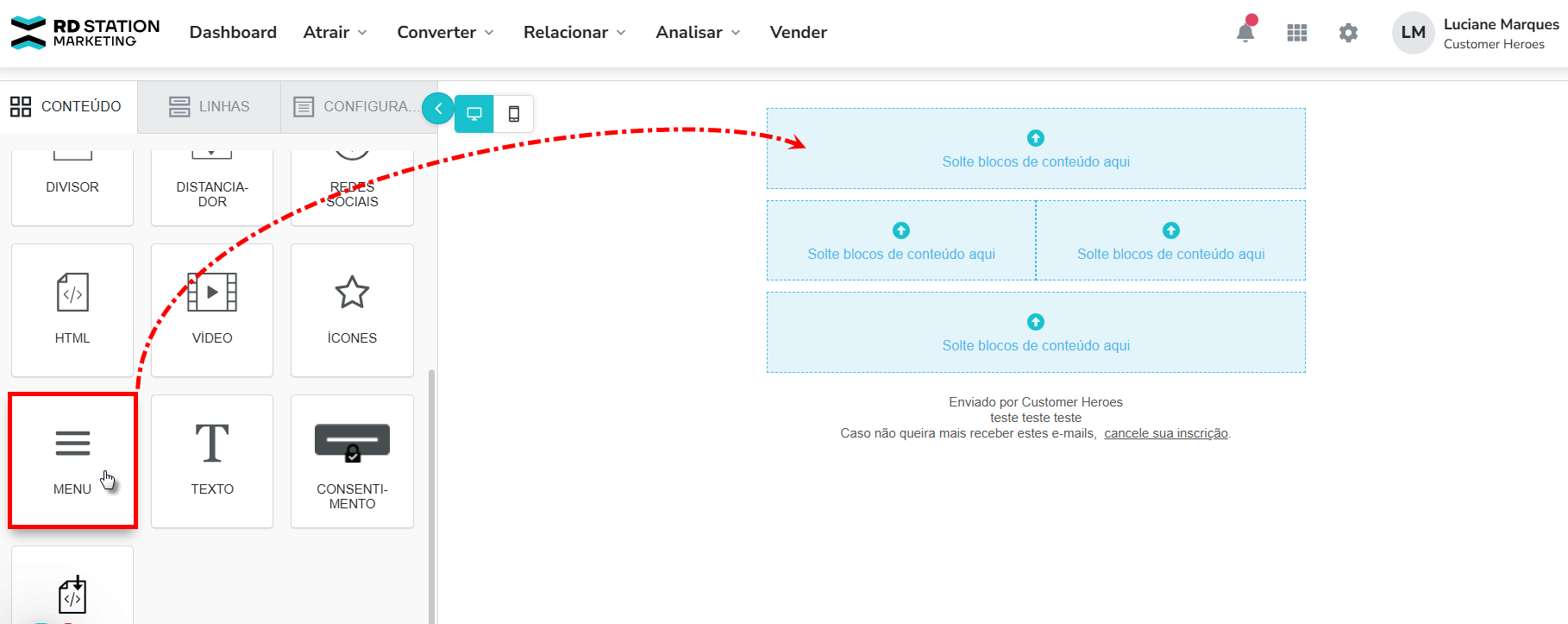 Adicionar e configurar menu