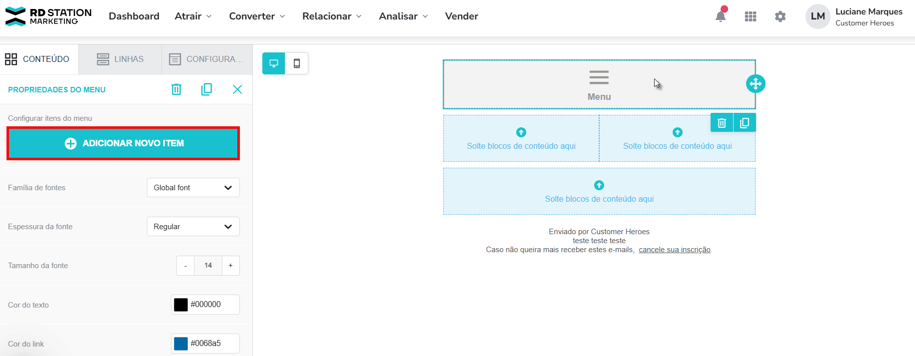 Adicionar e configurar menu